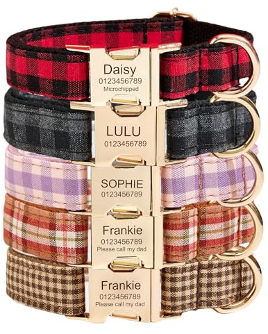 Personalised Engraved Dog Collar with Name and Phone Number, Personalized for Small, Medium and Large Dogs (Checked)