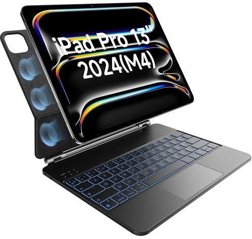 HOU Magic Keyboard Teclado para iPad Pro de 13 pulgadas (M4) - Funda con teclado, Azerty TouchPad Click-Anywhere, retroiluminación en 7 colores y 3 niveles, diseño magnético, negro