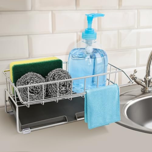 Euqvunn, Kitchen Sink Organizer, Sink Caddy Stainless Steel Kitchen Sponge Holder, Drainers for Kitchen Sink, Dishcloth Holder with Removable Drip Tray, Sink Tidy Caddy with Fixed Dishcloth Hanger