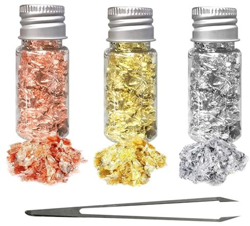 Gold Folien Flocken,3 Flaschen Goldfolie Papier Gold Silber Rose Metallfolie Flocken Imitation Gold Flocken mit Pinzette für DIY Bastelarbeiten Möbeldekoration und Nail Art