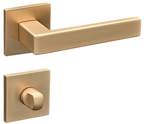 Gavroche Türgriff für Badtüren WC Drückergarnitur Set Türklinken mit WC-Verschluss für Badezimmer und Toilette in Matt Gold Optik mit eckiger Rosettengarnitur aus Zink Türbeschlag für Badezimmertüren