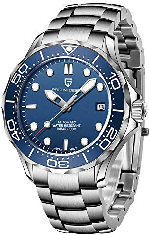 Pagani Design 007-Model 1667 Herren-Automatikuhren, NH35-Uhrwerk, Edelstahl, 100 m wasserdicht, selbstaufziehende Armbanduhr, blau, Armband