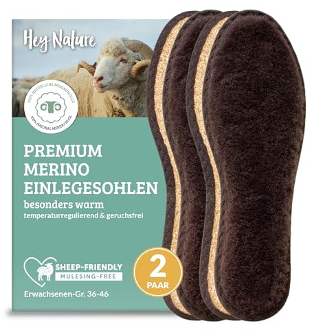 Hey Nature Merinowolle Einlegesohlen Damen & Herren, 2 Paar - mulesingfrei | Natürliche Wärmesohlen aus feiner, weicher Merino Wolle | Idealer Fußwärmer - speichert Wärme, leitet Feuchtigkeit ab | Gr.44