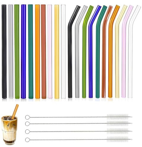Eiflayn Paille en Verre, 24 Pièces: 10 Droites 8*20cm, 10 Courbées, 4 Brosses de Nettoyage, Multicolore, Résistant à la Température, Pour Boissons Froides et Chaudes, Cadeaux Idéaux