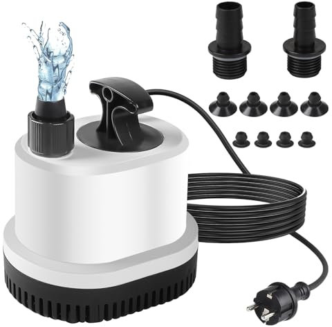 EXLECO Mini Bomba de Agua Sumergible Bomba Aguas Sucias Max.1500L/H 25W 220-240V Bomba de Estanque Ultra Silenciosa Bomaba Acuario Pequeño Bomaba Fuente con 1,6M Cable 3 Boquillas para Jardín Etanques