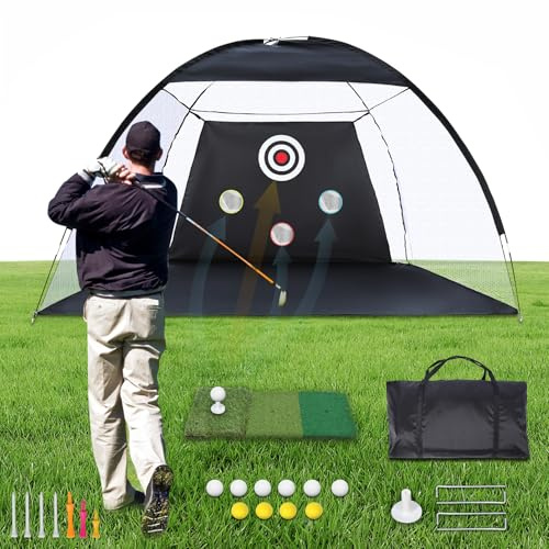 campMax Golf-Übungsnetz mit Rasen, 3 x 2,1 m, 10 Golfbälle, Golf-Trainingsnetz mit Schlagmatte und drei Löchern auf dem Zieltuch, für Innen- und Außenbereich, Hinterhof, Chipping