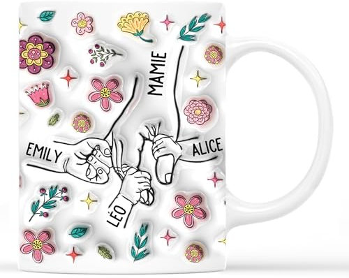 Cadeau Plus Mug Personnalisé Prénom - Mamie Maman Tenant Les Mains - Cadeau Mamie, Fete Des Meres Tasse, Mug Maman, Tasse Personnalisée Maman (Modèle 4)