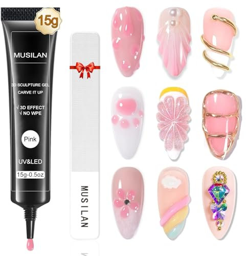 MUSILNA 3D Gel Nail Art 15g Rose Sculpting Gel Multifonctionnel Colle à Ongles pour Styling Ongle, Rhinestone Glue pour Ongle, Nail Charms DIY Nail Art Design Sculpture Nail Styling dans la Maison