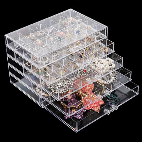 yarlung Acrylic Jewelry Storage Box Earring Holder with 5 Drawers, 61 Grids Jewelry Organizer Tray Clear Ring Display Case for Beads, Nail Tips, Women Girls Gift