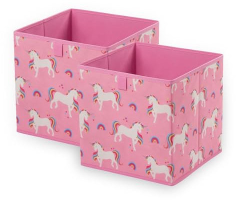 OHS Pack of 2 Foldable Fabric Storage Boxes For Kids, Space Saving Storage Baskets Home Organiser Toys Clothing Bathroom Pop Up Collapsible Unicorn Print Girls Cube Storage, Pink