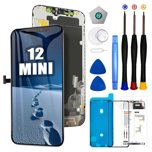 for iPhone 12 Mini Screen Replacement,5.4 Inch LCD Screen 3D Touch Display Digitizer Frame Assembly with Repair Tools Kit+Magnetic Screw Mat+Screen Protector+Waterproof Seal for A2398,A2399,A2400