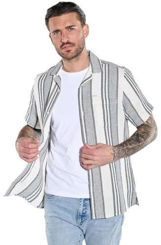 emilio adani Herren Herren Kurzarm-Hemd gestreift, Creme, 39039, Creme in Größe L