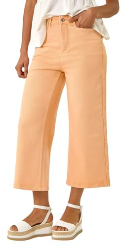 Roman Originials Denim Culottes for Women UK Ladies Cotton Cropped Trouser Wide Leg Jean Stretch Pants Capri 3/4 Length Three Quarter Summer Loose Casual Spring Lounge Pockets - Peach - Size 8