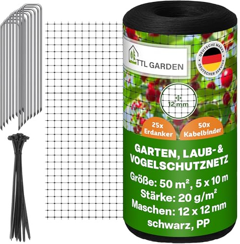 TTL GARDEN 5x10m Vogelschutznetz 20g/m² schwarz engmaschig 12x12mm Masche - | Laubnetz + 25 Erdanker + 50 Kabelbinder - 50m² 1 Faden System extra stabil Obstbaumnetz Schutznetz Gartennetz reißfest robust