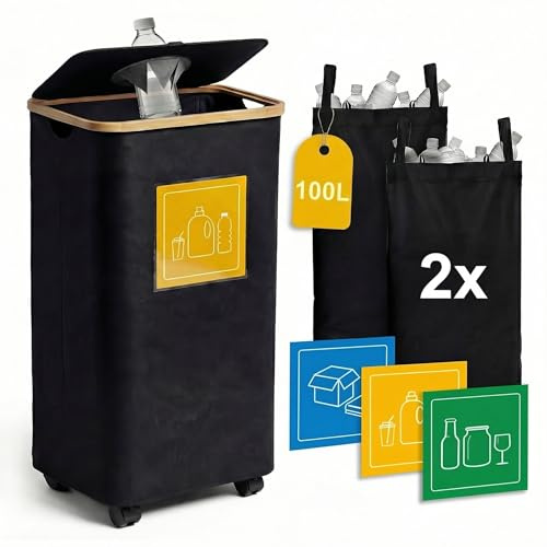 Viviendo Pfandflaschen Sammelbehälter auf Rollen mit Deckel, 100L | 4 360°-Rollen, 2 mit Feststellbremsen; 2 wasserdichte, maschinenwaschbare Innensäcke.