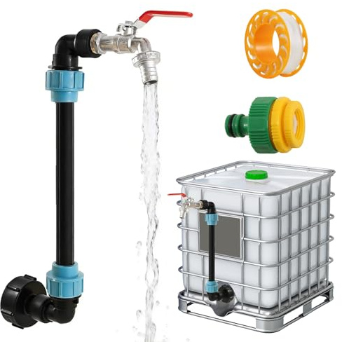 IBC Schwanenhals 3/4 Auslaufhahn, IBC Tank Schwanenhals, 2 in 1 IBC Auslaufhahn Set, mit 25cm Verlängerungsrohr, für 1000L Regenwassertank, Regenfass, Container