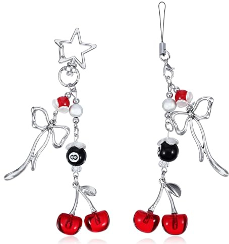 Shimmeroo Kirsche Handy Anhänger, Niedlicher Perlen & Schleife Handyschmuck | Trendiger Kawaii Handyhüllen Anhänger mit Kirsche & 8-Ball, multifunktional als Taschen- und Schlüsselanhänger