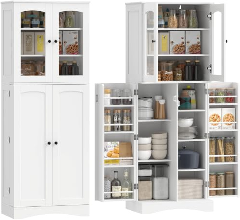 HOMCOM Armario de Cocina Despensa Cocina 10 Estantes 60x40x162 cm Blanco | Puertas Acrílicas Cierre Suave, 8 Compartimentos, 4 Estantes Ajustables, Alacena Modern para Comedor