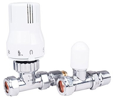 Warmehaus 15mm Thermostatic Straight Radiator Valve and Lockshield with 15-10mm Reducer