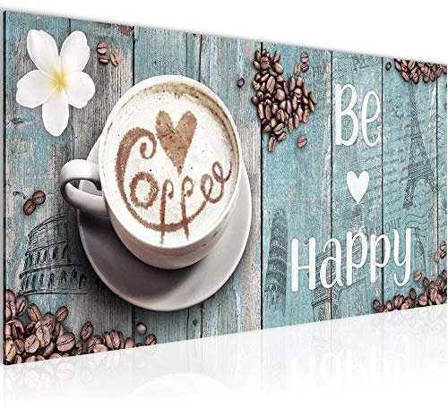 Runa Art Wandbild Küche Kaffee 1 Teilig 100 x 40 cm Modern Bild auf Vlies Leinwand Be Happy Esszimmer Küchenbilder Blau 020712c