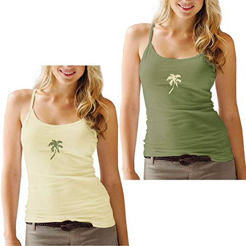 2 Pieces Vest Top for Women Twin Pack Basic Camisole Spaghetti Strap Tank Tops for Women and Girls Print Ladies CAMI TOP Summer TEE T Shirt TEE[Palm Tree (Olive & Yellow),10]
