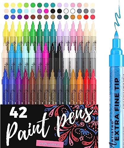 Artistro 42 Acrylstifte Hohe Qualität, Zeichenset - Extra-Feine Spitze (0,7mm) - Acryl Stifte zum Bemalen von Steinen, Fels, Holz, Stoff, Keramik, Glas - 40 Farben + Extra Schwarz & Weiß Acrylic