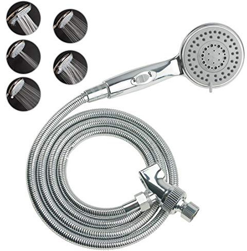 HauSun Handheld Shower Head with On/Off Switch - 5 Spray Settings 6.5 Feet Extra Long Hose High Pressure with Bathroom Faucet Kit - Universal Adapter Holder Mount for Wall,Chrome Finish