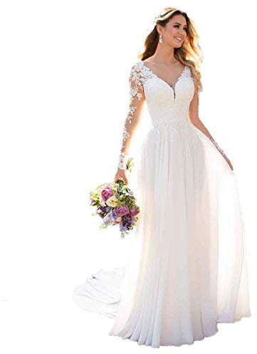 Robe de mariage à manches longues en mousseline de soie avec profond décolleté en V Robe de mariée ou demoiselle d’honneur - Blanc - 46