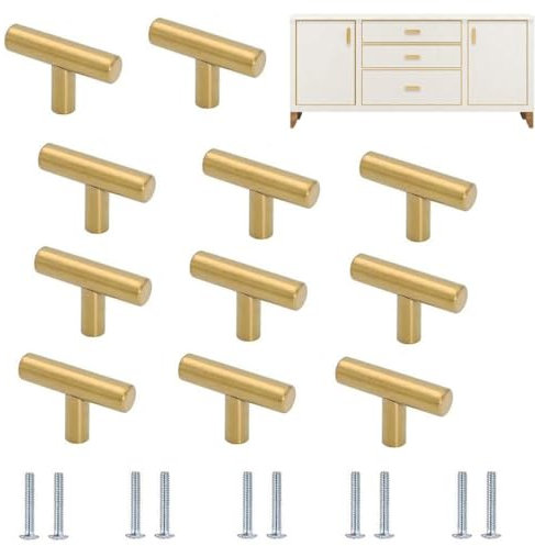 Ylinwtech 10 Stück T Möbelknöpfe Gold Stangengriffe, T-Form Stangengriff,Möbelknöpfe, Schrankknöpfe Edelstahl Gold mit Schraube für Schubladen, Möbel, Schränke, Kleiderschränke(50 * 31.5 * 10mm)