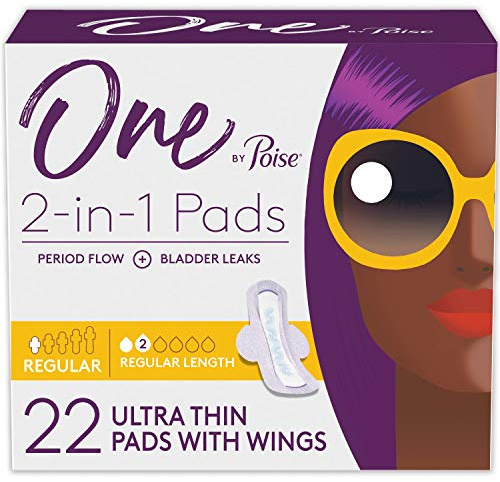 One by Poise Feminine Pads with Wings (2-in-1 Period & Bladder Leakage Pads for Women), Regular, Regular Absorbency for Period Flow, Very Light Absorbency for Bladder Leaks, 22 Count