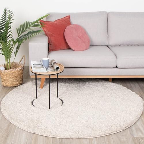 FRAAI | Home & Living Teppich Hochflor Rund - Lofty Creme Weiß - Einfarbig - Modern, Skandinavisch - Wohnzimmer, Esszimmer, Schlafzimmer - Fellteppich - Carpet