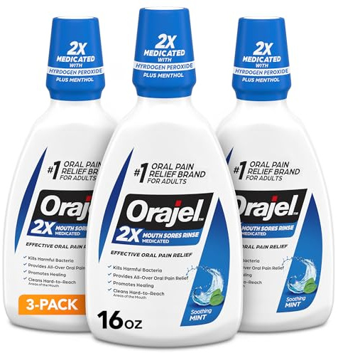 Orajel Mouth Sore Medicated Rinse for Oral Pain Relief, Mint, 16 Oz, 3-Pack
