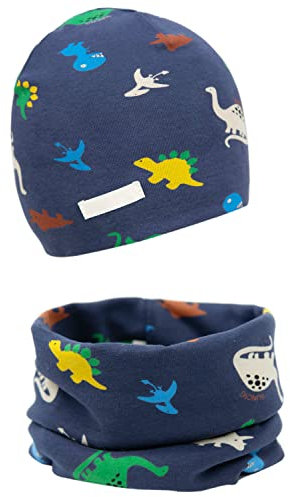 Mädchen Mütze Set mit Schal Kinder Beanie für Herbst Winter Baumwolle 2er(Set: Tier Dino,49-53)