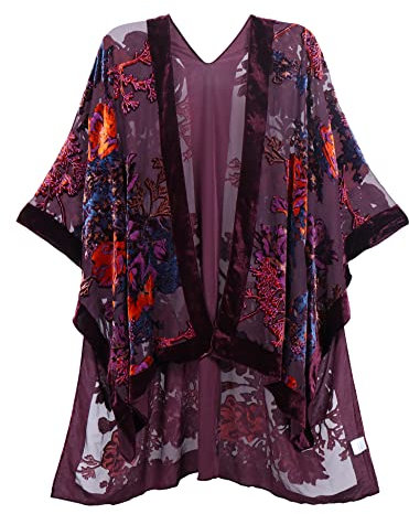 MJ SERECA Women's Burnout Velvet Kimono Long Cardigan Cover Up Without Tassel (Wine/Bord)…