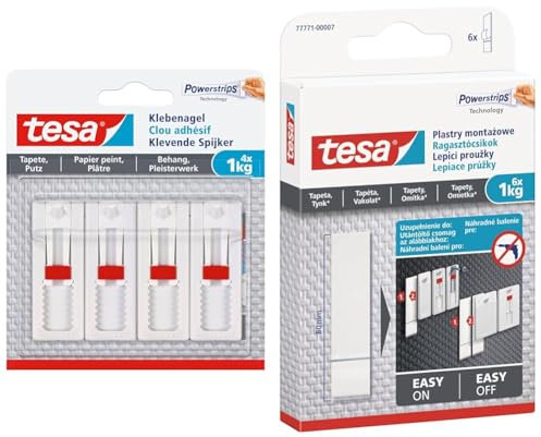 tesa Verstellbarer Klebenagel 4er Pack & Powerstrips Tapete&Putz-doppelseitige Klebestreifen für Tapete und Gips - Ersatz-Klebestreifen Klebenagel - Haltekraft 1,0 kg/Nagel-1 x 6 Streifen