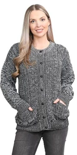 pretty attitude Women Winter Chunky Cable Knit Ladies Long Sleeve Aran Crew Neck Warm Cardigan (Charcoal Aran Bw, 14)