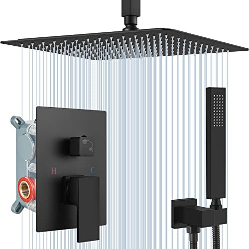 Midanya Système de douche noir mat de 40,6 cm à montage au plafond avec pomme de douche carrée à effet pluie et ensemble combiné de douche à main vanne brute et garniture de douche incluses
