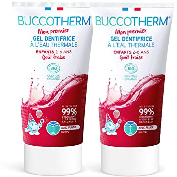 BUCCOTHERM | [Gel Dentifrice Protection Enfant 2/6 ans] | Lutte contre les caries | Goût Fraise – Sans sucre | Certifié Bio | 100% d’ingrédients d’origine naturelle | Lot de 2 – 2x50 ml