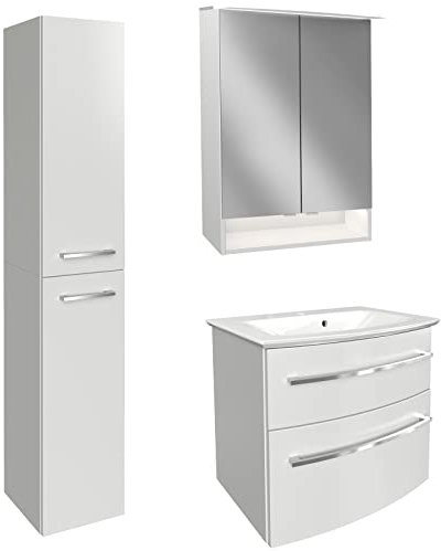 FACKELMANN Badmöbel Set B.Style 4-TLG. weiß Badschrank Links & Mineralgusswaschbecken & LED Spiegelschrank - Made in Germany