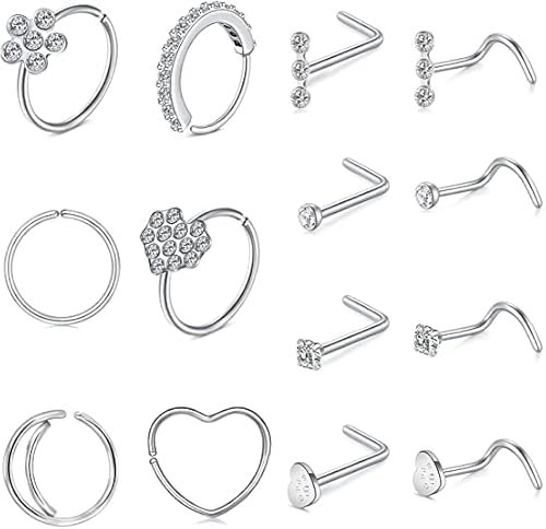 Mayhoop 20G Nasenringe Nasenstecker L-Form Nasenschraube Chirurgischer Edelstahl Nasenringe Reifen Diamant Herz Hypoallergen Nasenloch Nasenpiercing Schmuck für Damen Herren Silber