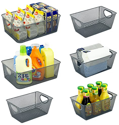 Neudeco Wire Storage Baskets - 6 Pack Metal Mesh Organizers for Kitchen, Laundry, Garage, Fridge & Bathroom - Gray