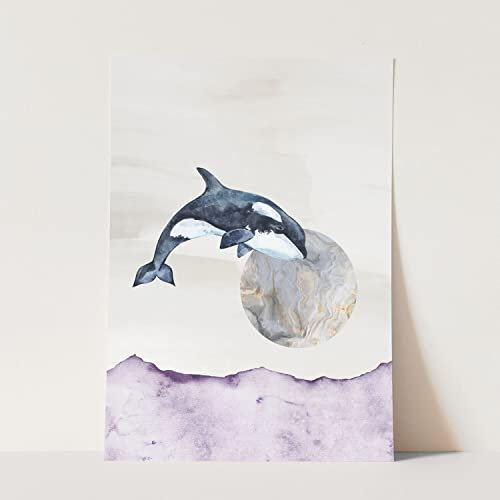 Wandbild Orca Schwertwal Aquarell Kunstvoll Mond Meer Wasserfarben Farbe Motiv ohne Rahmen in A3
