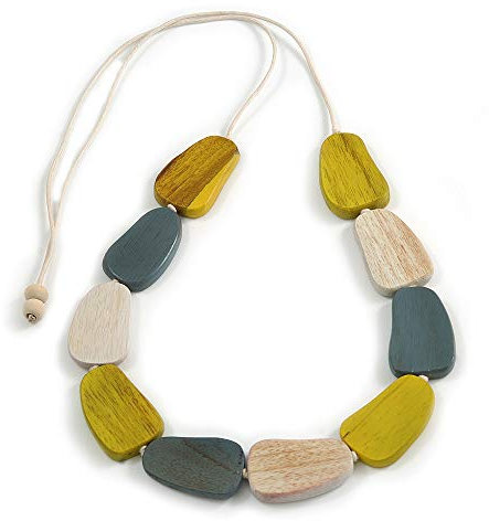 Avalaya Off White/Grey/Antique Yellow Geometric Wood Bead White Cotton Cord Long Necklace/100cm L/Adjustable