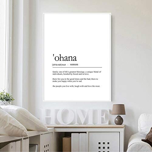 Hawaiian Ohana Definition Leinwanddruck Familienzitate Poster Schwarz Weiß Minimalistisches Gemälde Bild für Heimdekoration19,6x 27,5(50x70cm) Kein Rahmen