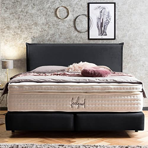 Premium Boxspringbett 200x200 London Samt, mit Visco-Topper, Doppelbett, Hotelbett, ohne Bettkasten, 7 Zonen Taschenfederkern-Matratzen, Aufbau KOSTENLOS (Schwarz, 200x200 cm mit Topper)
