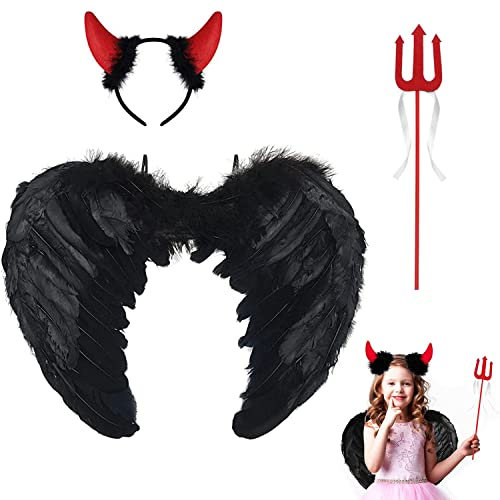 Women's Devil Costume, Devil Costume, Angel Wings, Angel and Devil Wings Costume Women, with 1 x Devil Horns, 1 x Devil Fork, Carnival Costume Women, Fancy Dress Costume Party Fancy Dress