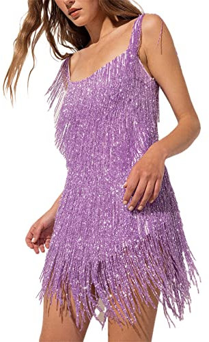 Owegvia Robe à paillettes et bretelles spaghetti sans manches pour femme, 01-violet., S