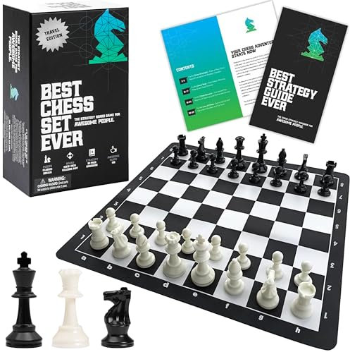Best Chess Set Ever 1X Juego de Ajedrez Portátil con Piezas Clásicas Staunton Peso Único (Rey de 7,7 cm) Tablero de Silicona Plegable 38x38 cm Ajedrez de Viaje para Niños y Adultos, Ligero y Duradero