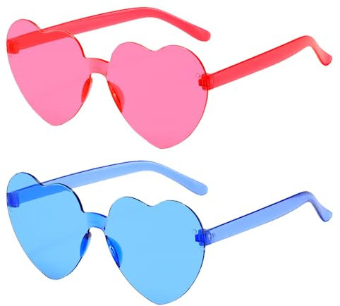 Meleager Randlose Herz Brille, Herzförmige Sonnenbrille Rosa e Blau, 2 Stück Sonnenbrillen Set Party, Vintage Herzform Brille, Hippie Brille Herz 90er, für Party, Hochzeit, Karneval, Halloween