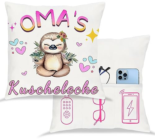 Tarklanda Oma Geschenk Oma Kuschelecke Kissenbezug Oma Zierkissenbezug 45x45 cm Kissenbezug Weiß Kissenbezug mit Taschen, Faultier Kissenbezug Geschenk für Oma zum Geburtstag, Muttertag